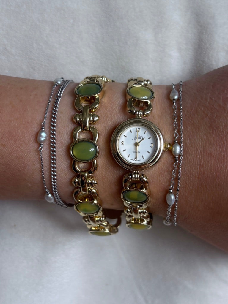 Dainty Gold & Green Gemstone Watch & Bracelet Set - Working