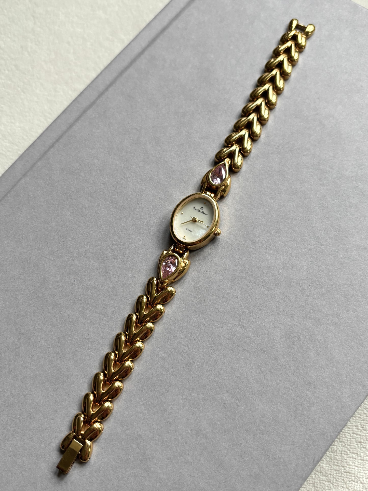 Rare Gold Plate & Pink Gem Mathey Tissot Watch - Working