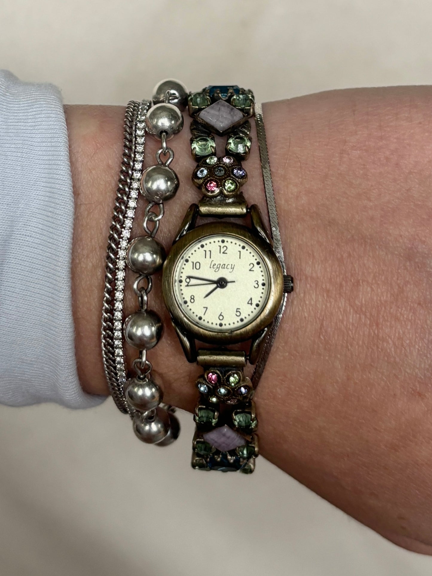 Vintage Floral Brass Gem Watch - Working
