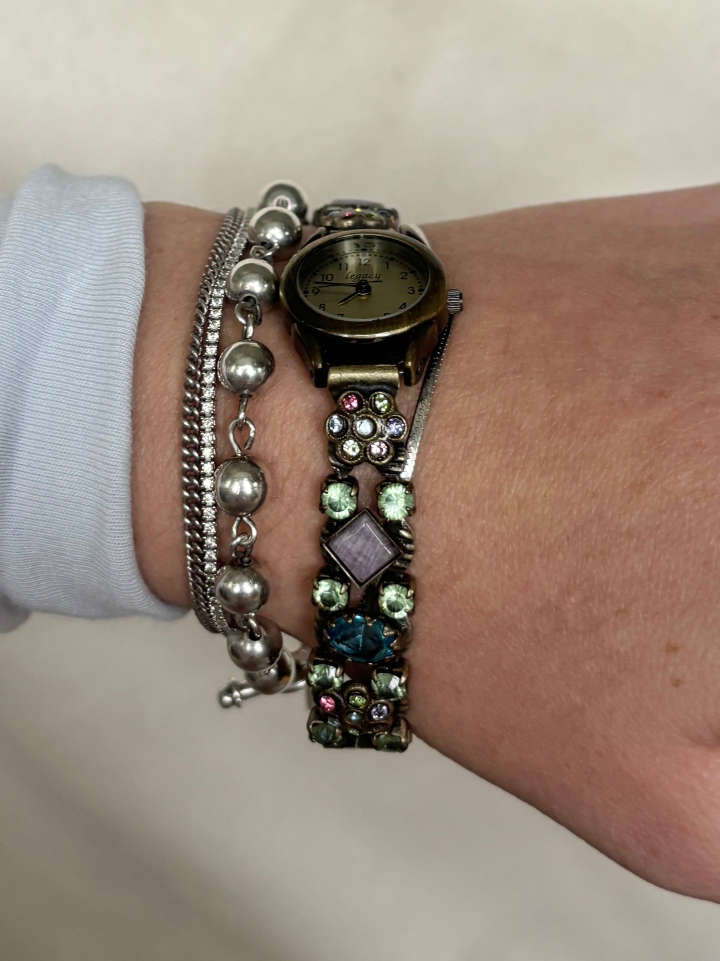 Vintage Floral Brass Gem Watch - Working