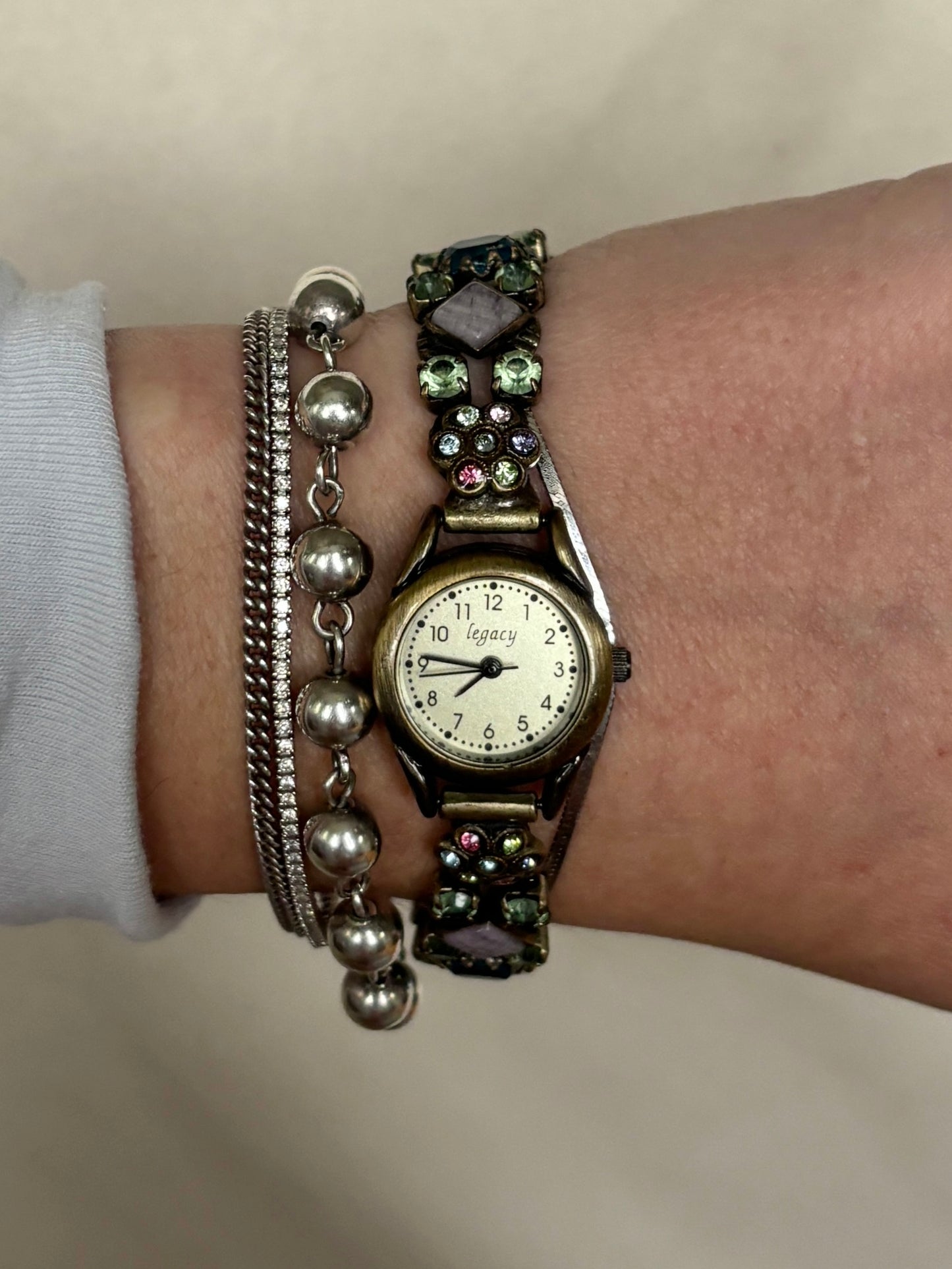 Vintage Floral Brass Gem Watch - Working