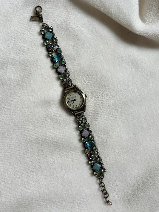 Vintage Floral Brass Gem Watch - Working