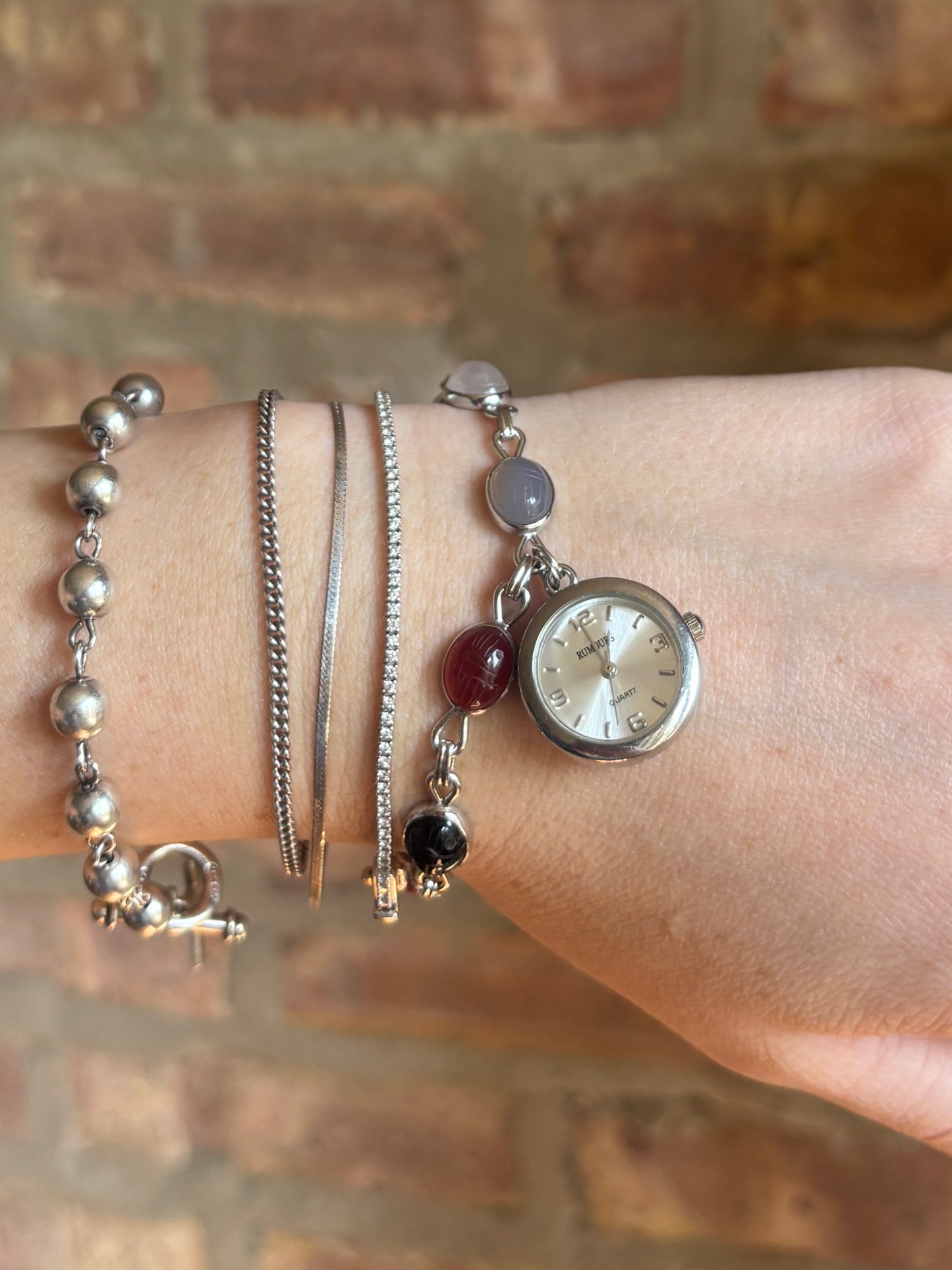 Vintage Sterling Silver Scarab Charm Watch - Working