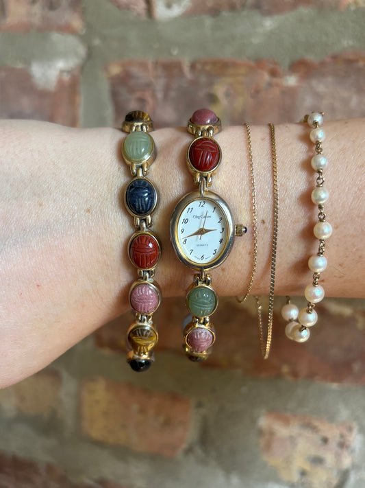Vintage Scarab Stone Watch & Bracelet Set - Working