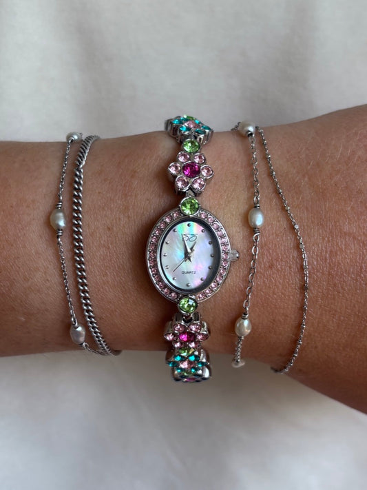 Dainty Silver Floral Vintage Watch with Multicolored Crystals - Working
