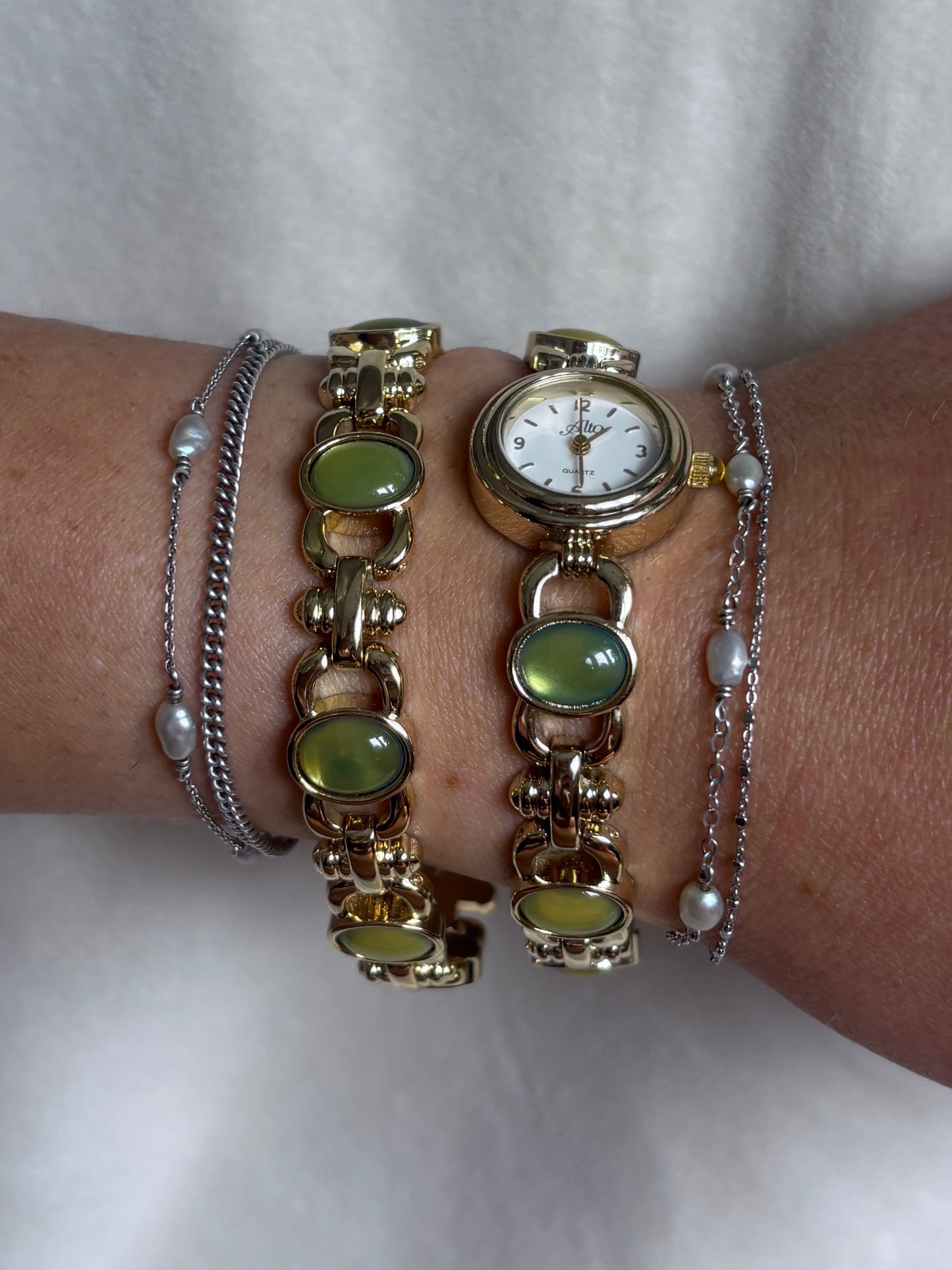 Dainty Gold & Green Gemstone Watch & Bracelet Set - Working