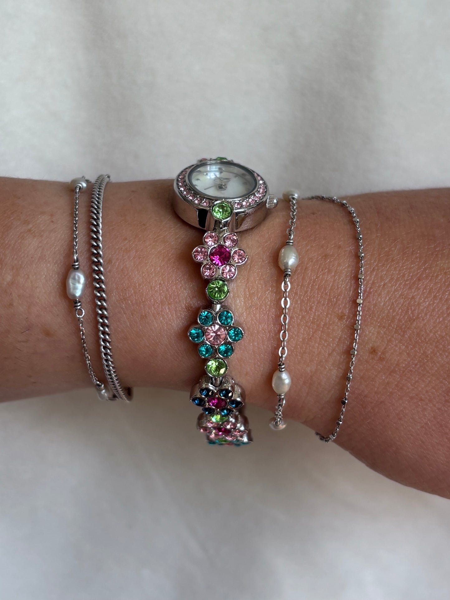 Dainty Silver Floral Vintage Watch with Multicolored Crystals - Working
