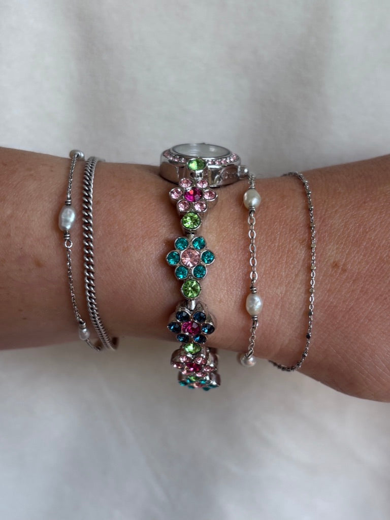 Dainty Silver Floral Vintage Watch with Multicolored Crystals - Working