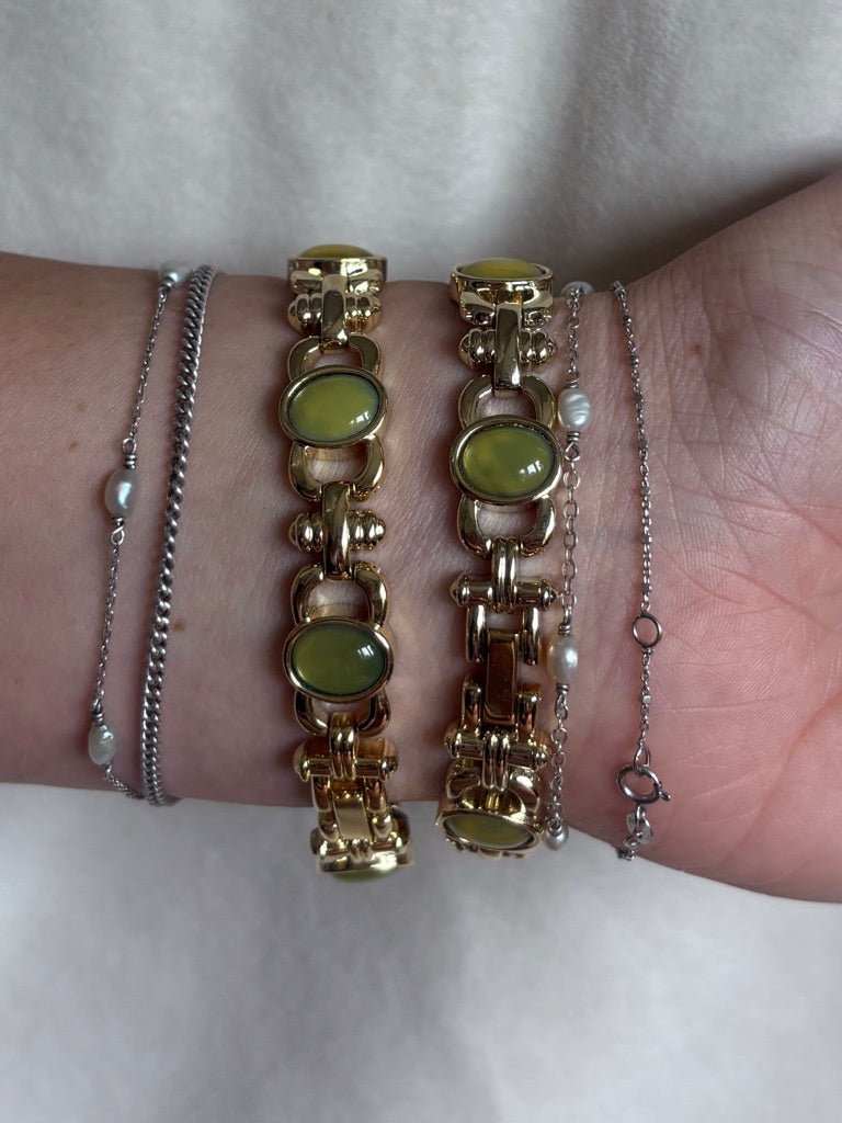 Dainty Gold & Green Gemstone Watch & Bracelet Set - Working