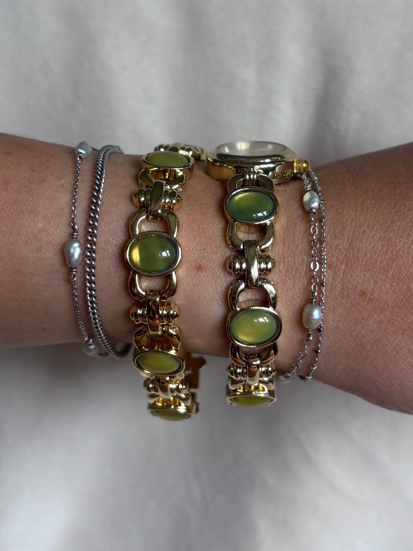 Dainty Gold & Green Gemstone Watch & Bracelet Set - Working