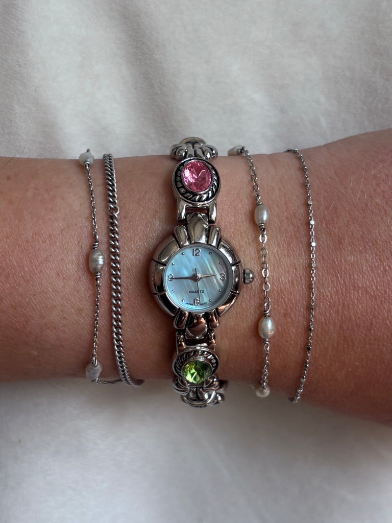 Ornate Silver & Blue Mother of Pearl Vintage Watch - Working
