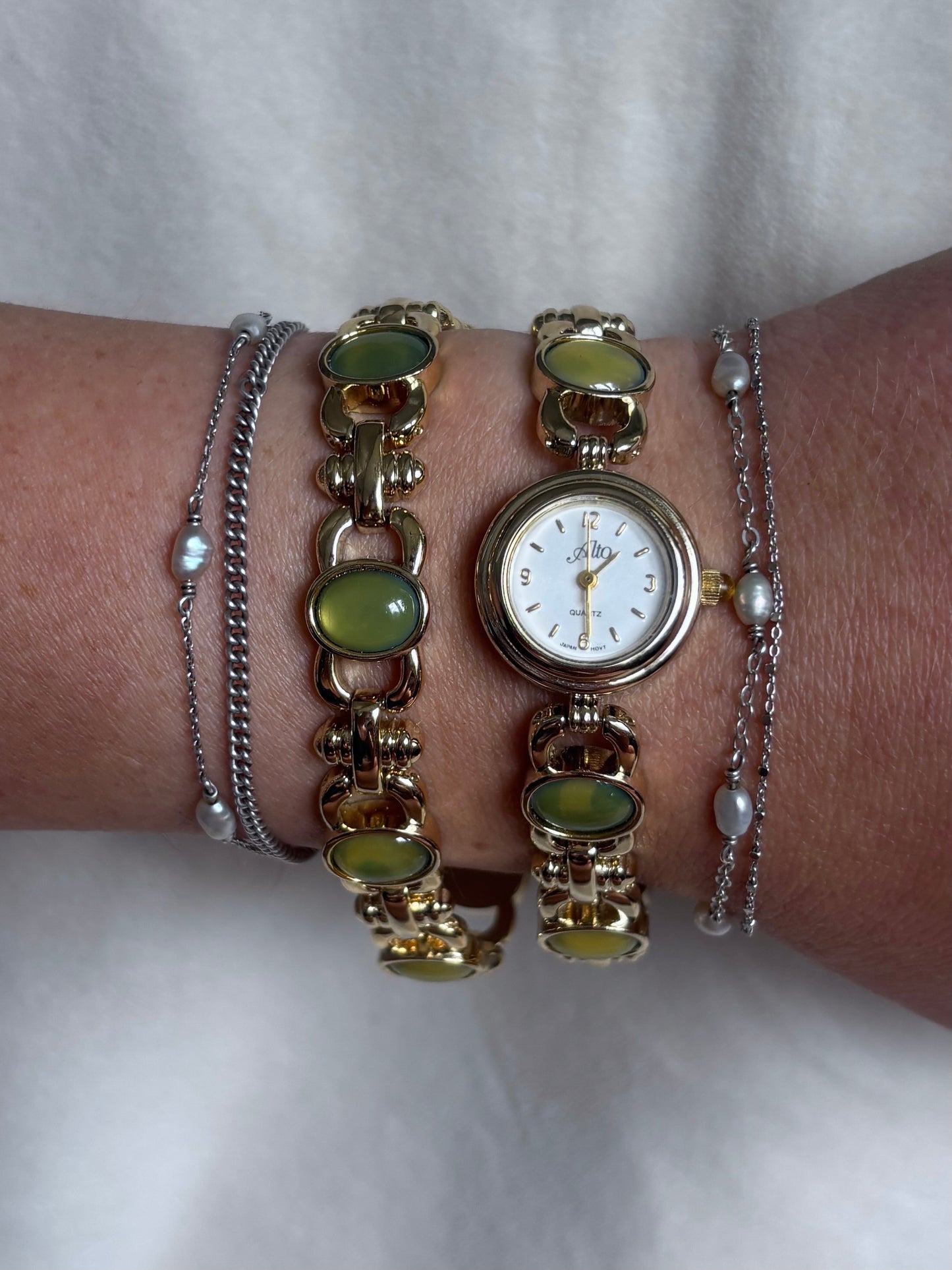 Dainty Gold & Green Gemstone Watch & Bracelet Set - Working