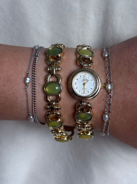 Dainty Gold & Green Gemstone Watch & Bracelet Set - Working