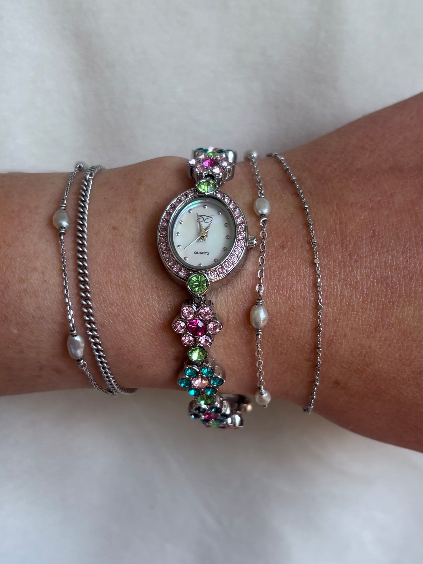 Dainty Silver Floral Vintage Watch with Multicolored Crystals - Working