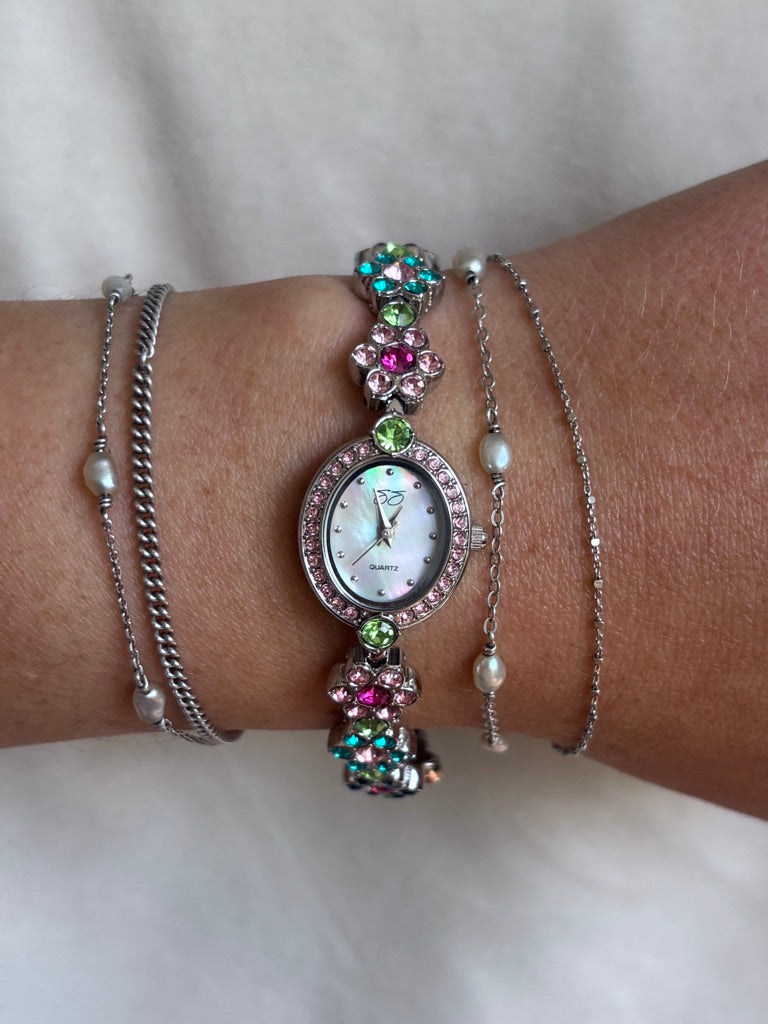 Dainty Silver Floral Vintage Watch with Multicolored Crystals - Working