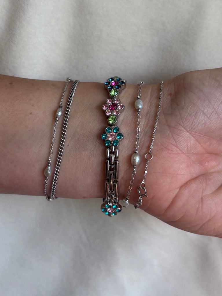 Dainty Silver Floral Vintage Watch with Multicolored Crystals - Working