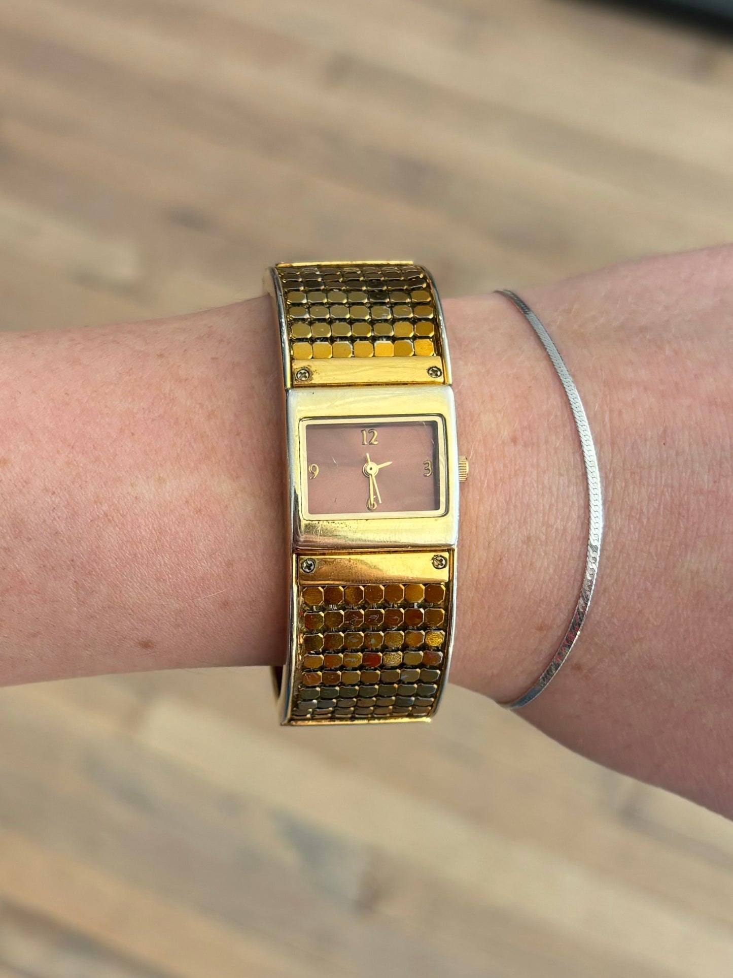 vintage gold chainmail cuff watch