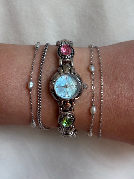 Ornate Silver & Blue Mother of Pearl Vintage Watch - Working