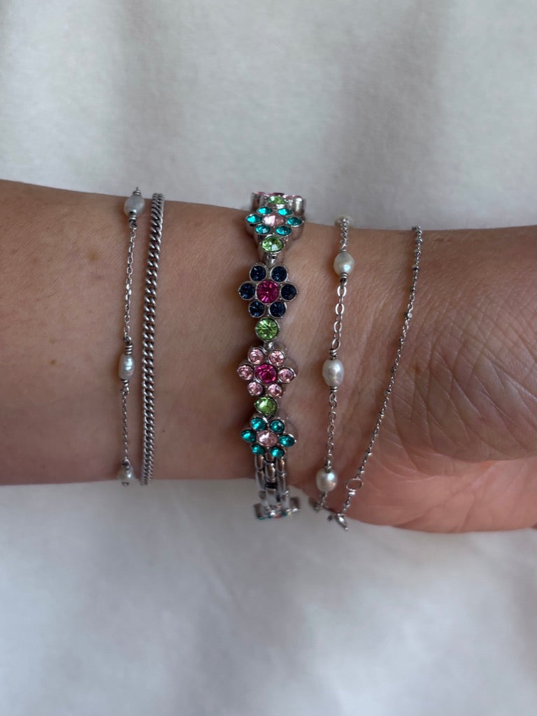 Dainty Silver Floral Vintage Watch with Multicolored Crystals - Working