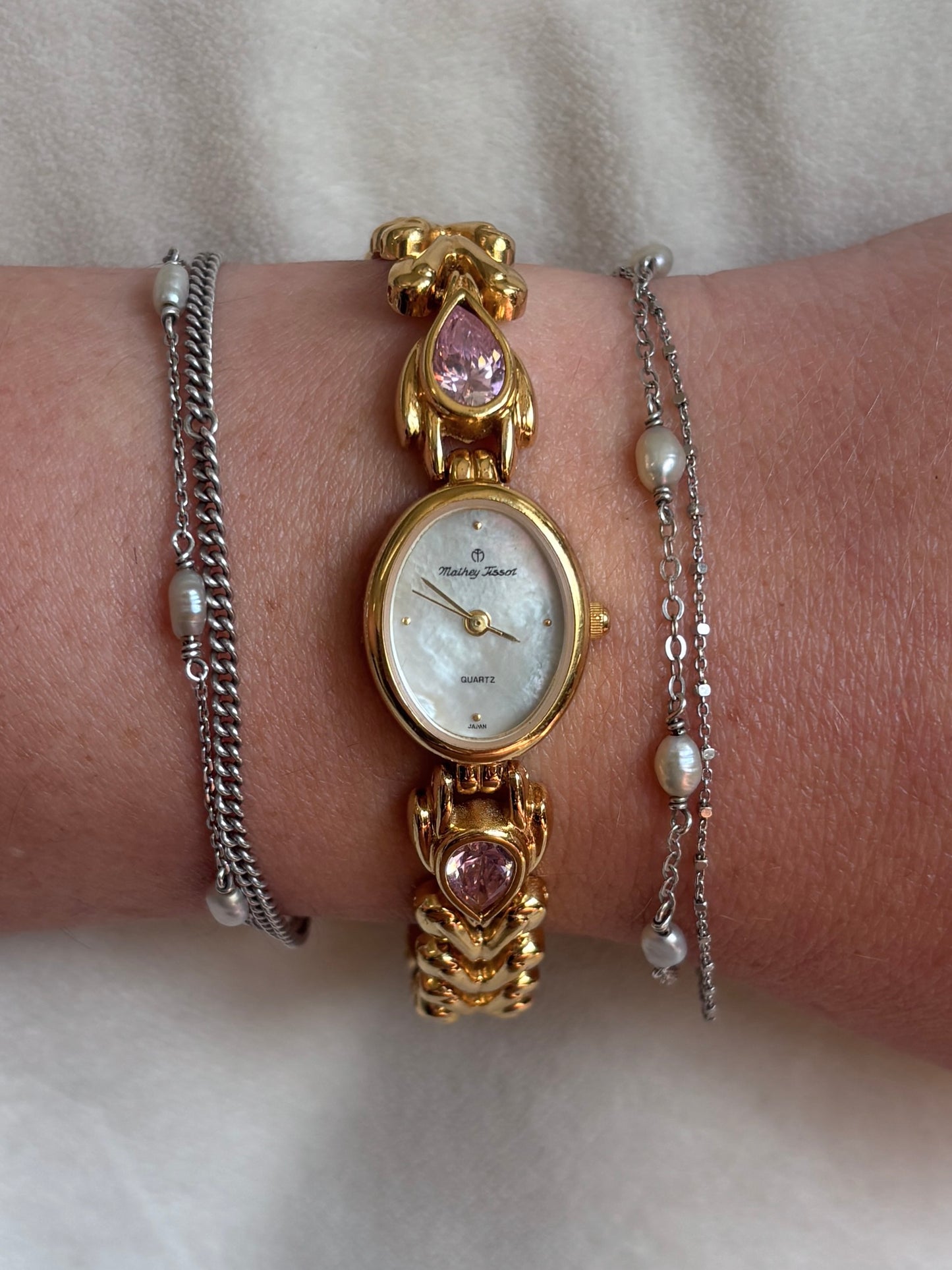 Rare Gold Plate & Pink Gem Mathey Tissot Watch - Working