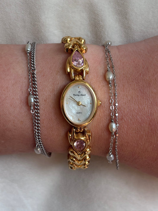 Rare Gold Plate & Pink Gem Mathey Tissot Watch - Working