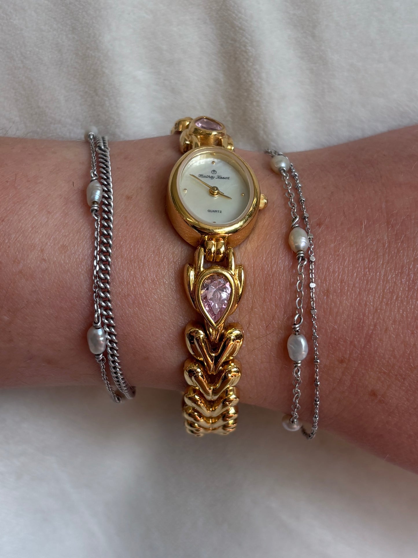 Rare Gold Plate & Pink Gem Mathey Tissot Watch - Working