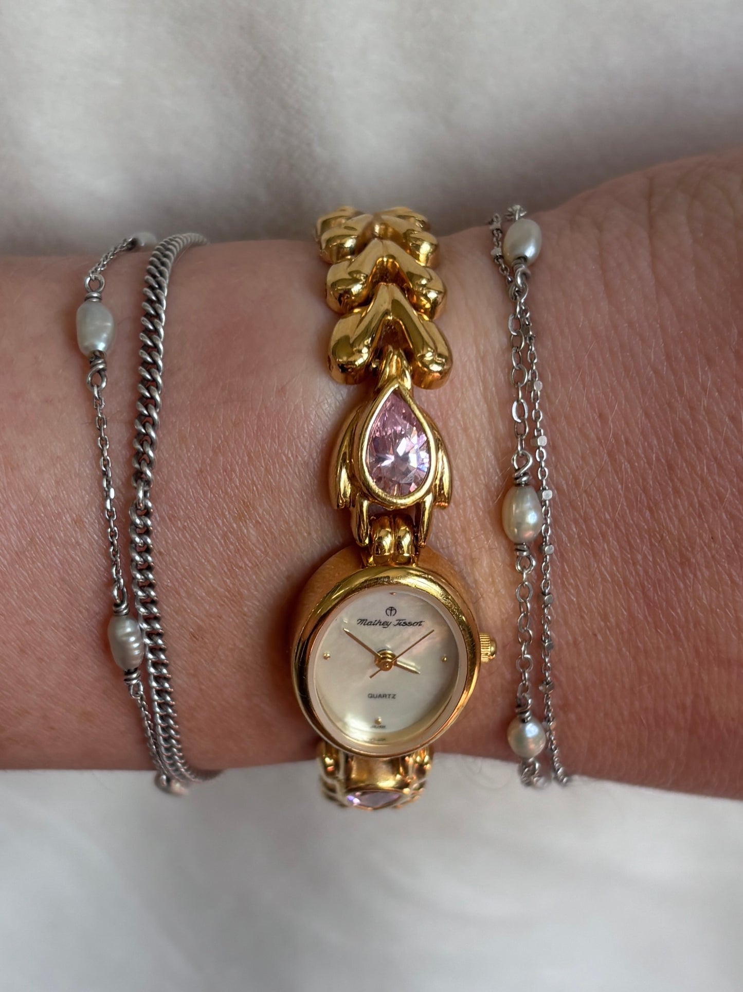 Rare Gold Plate & Pink Gem Mathey Tissot Watch - Working