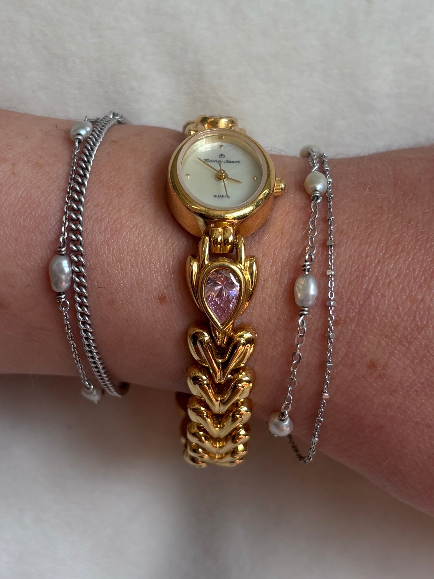 Rare Gold Plate & Pink Gem Mathey Tissot Watch - Working