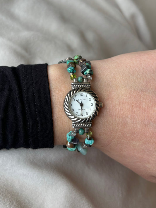 vintage dainty crystal and abalone beaded watch - working