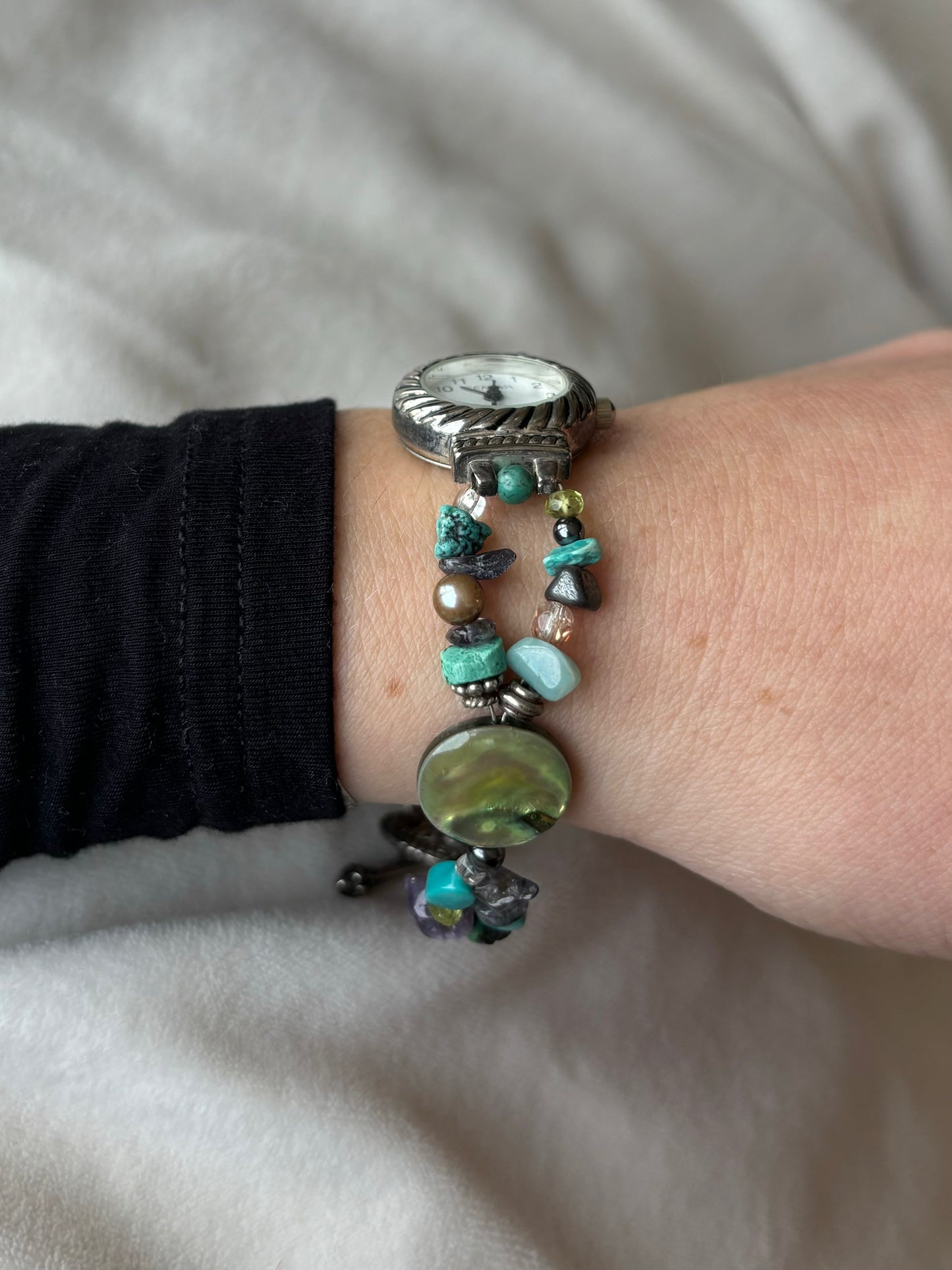 vintage dainty crystal and abalone beaded watch - working