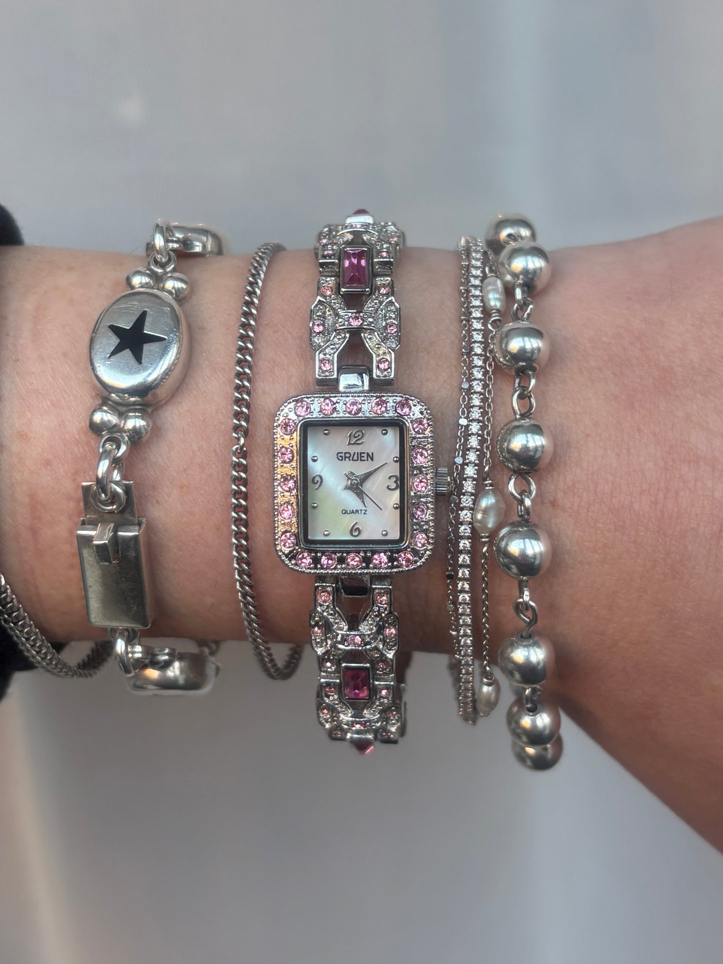 Ornate Pink & Pearl Gruen Watch - Working