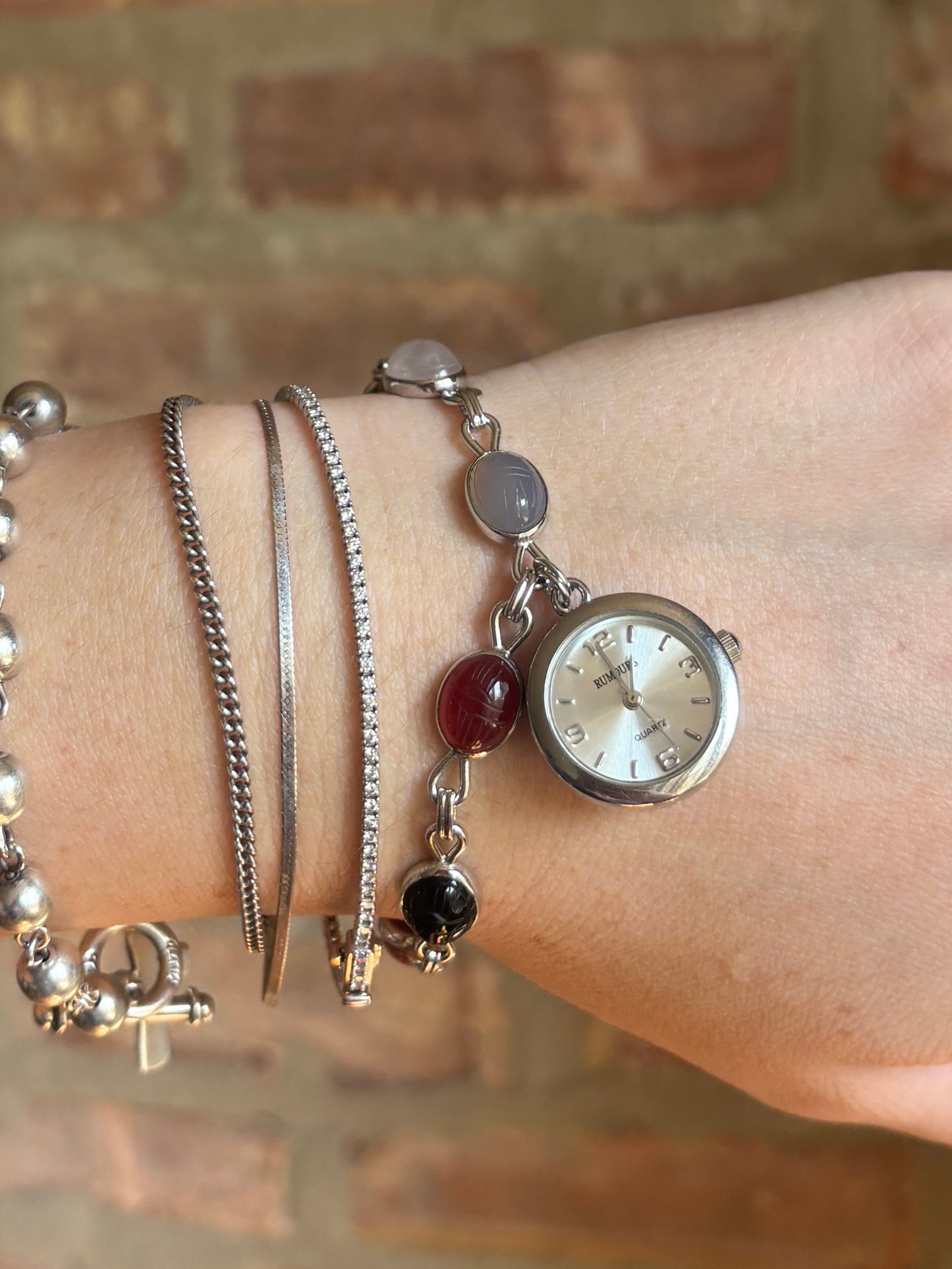 Vintage Sterling Silver Scarab Charm Watch - Working