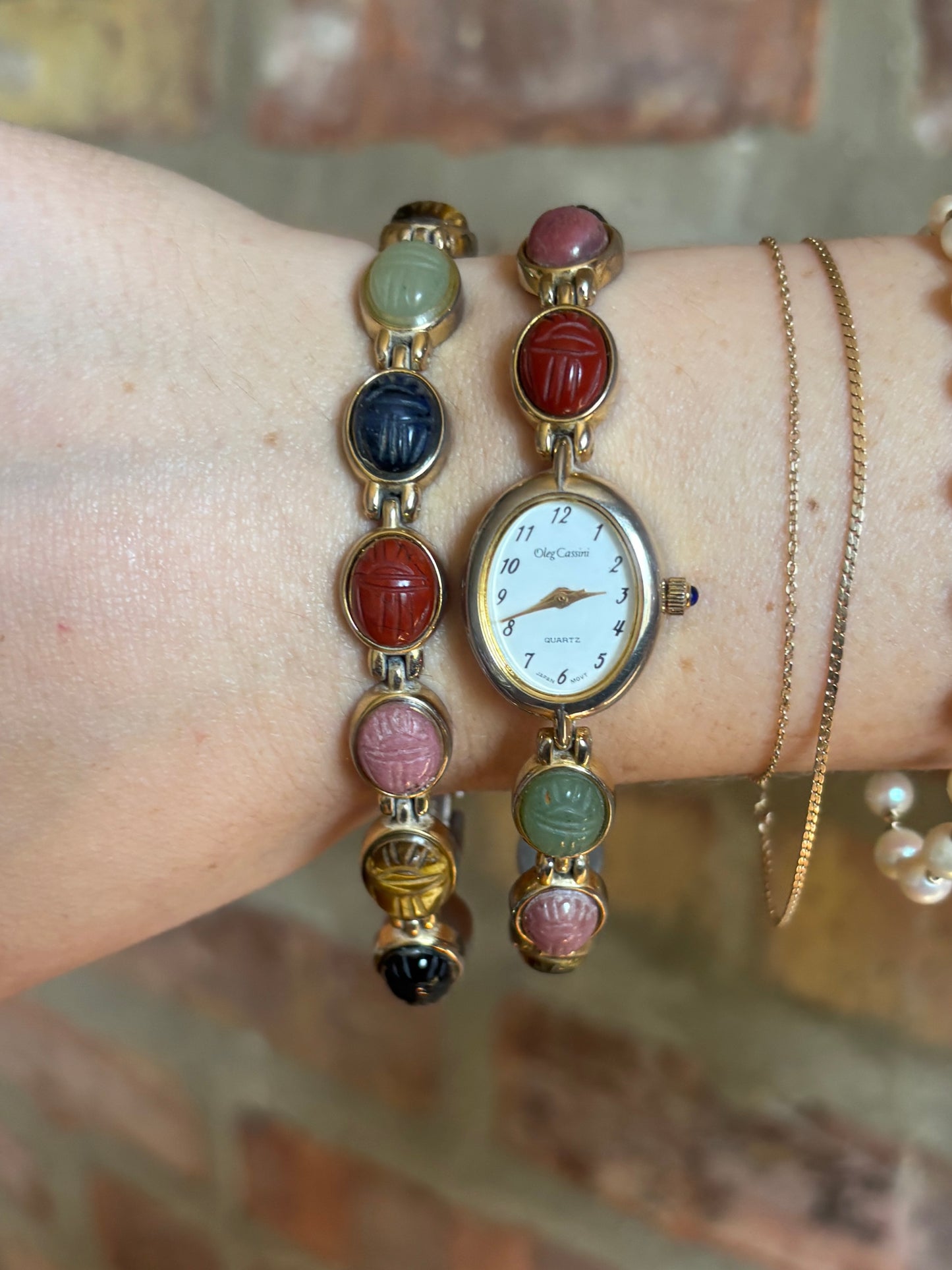 Vintage Scarab Stone Watch & Bracelet Set - Working