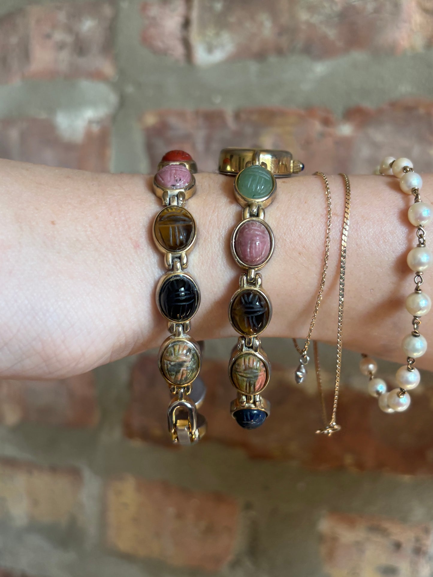 Vintage Scarab Stone Watch & Bracelet Set - Working