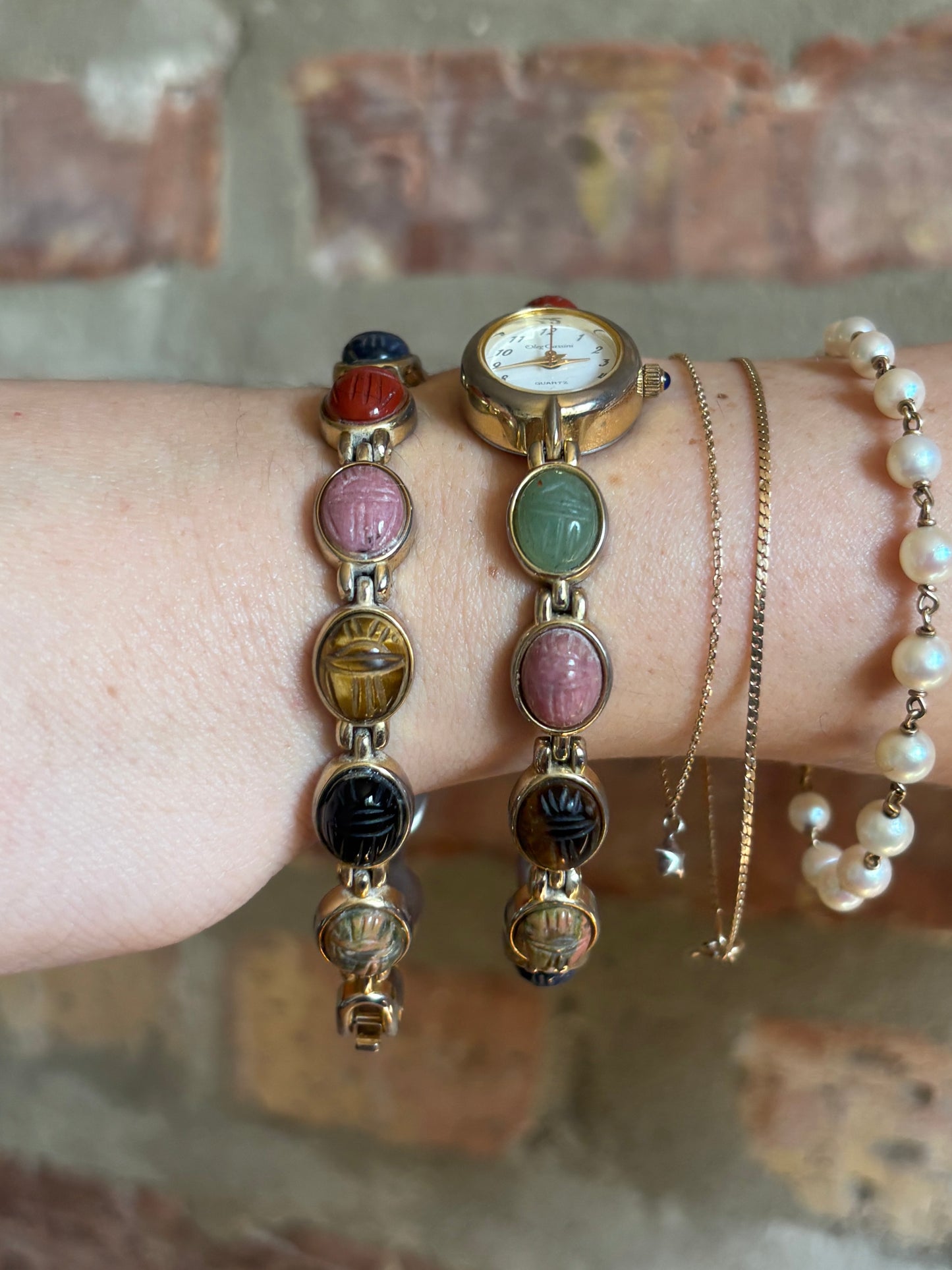 Vintage Scarab Stone Watch & Bracelet Set - Working