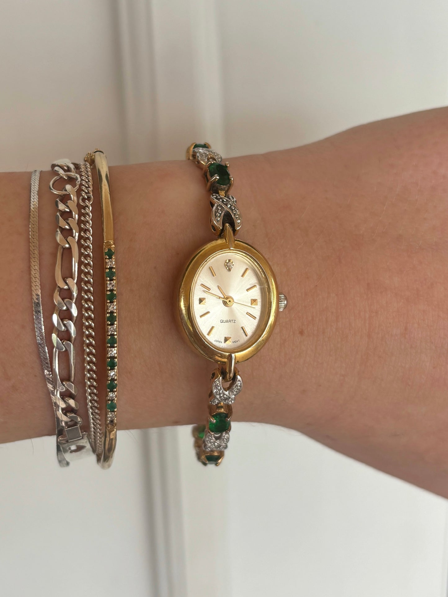 Rare Vintage Gold Plated Emerald Tennis Watch - Working