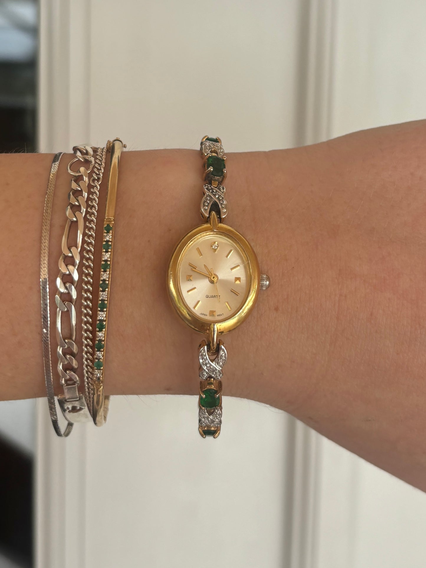 Rare Vintage Gold Plated Emerald Tennis Watch - Working