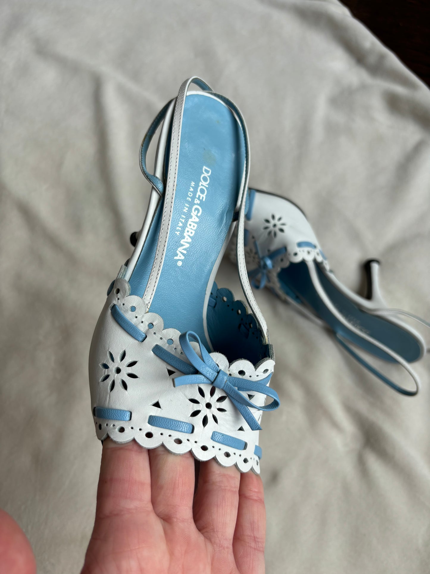 Authentic 1990s Dolce & Gabbana White & Blue Floral Eyelet Bow Sandal Kitten Slingback Heels