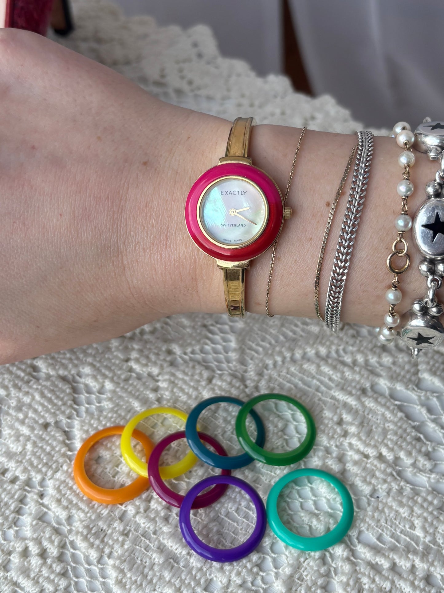 Gold Pearl Dial Interchangeable Bezel Watch