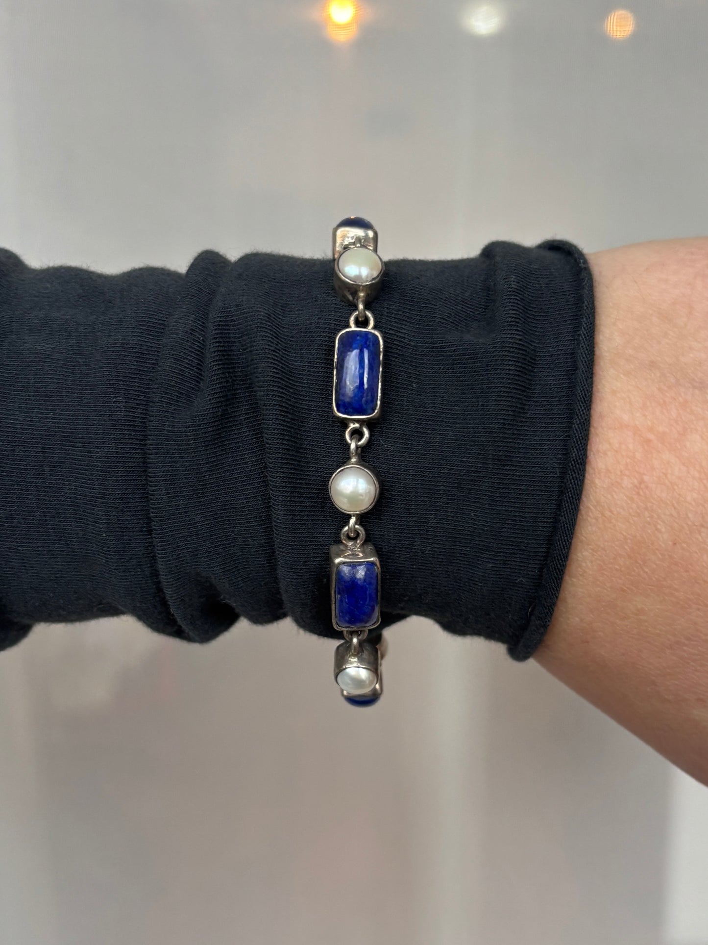 Vintage Lapis Lazuli and Pearl Sterling Silver Bracelet
