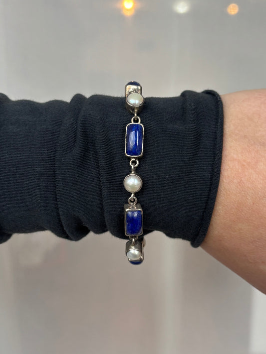 Vintage Lapis Lazuli and Pearl Sterling Silver Bracelet