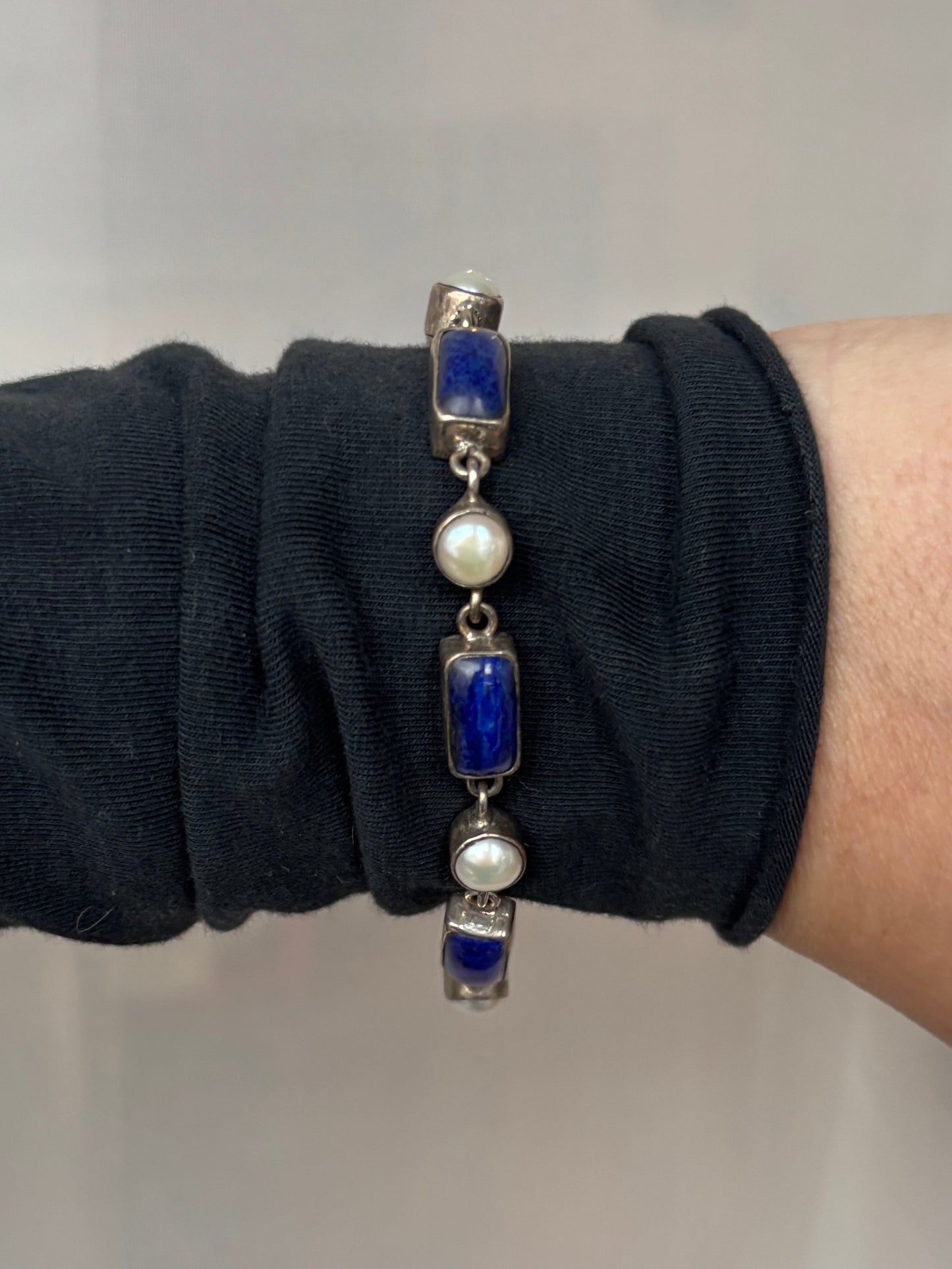 Vintage Lapis Lazuli and Pearl Sterling Silver Bracelet
