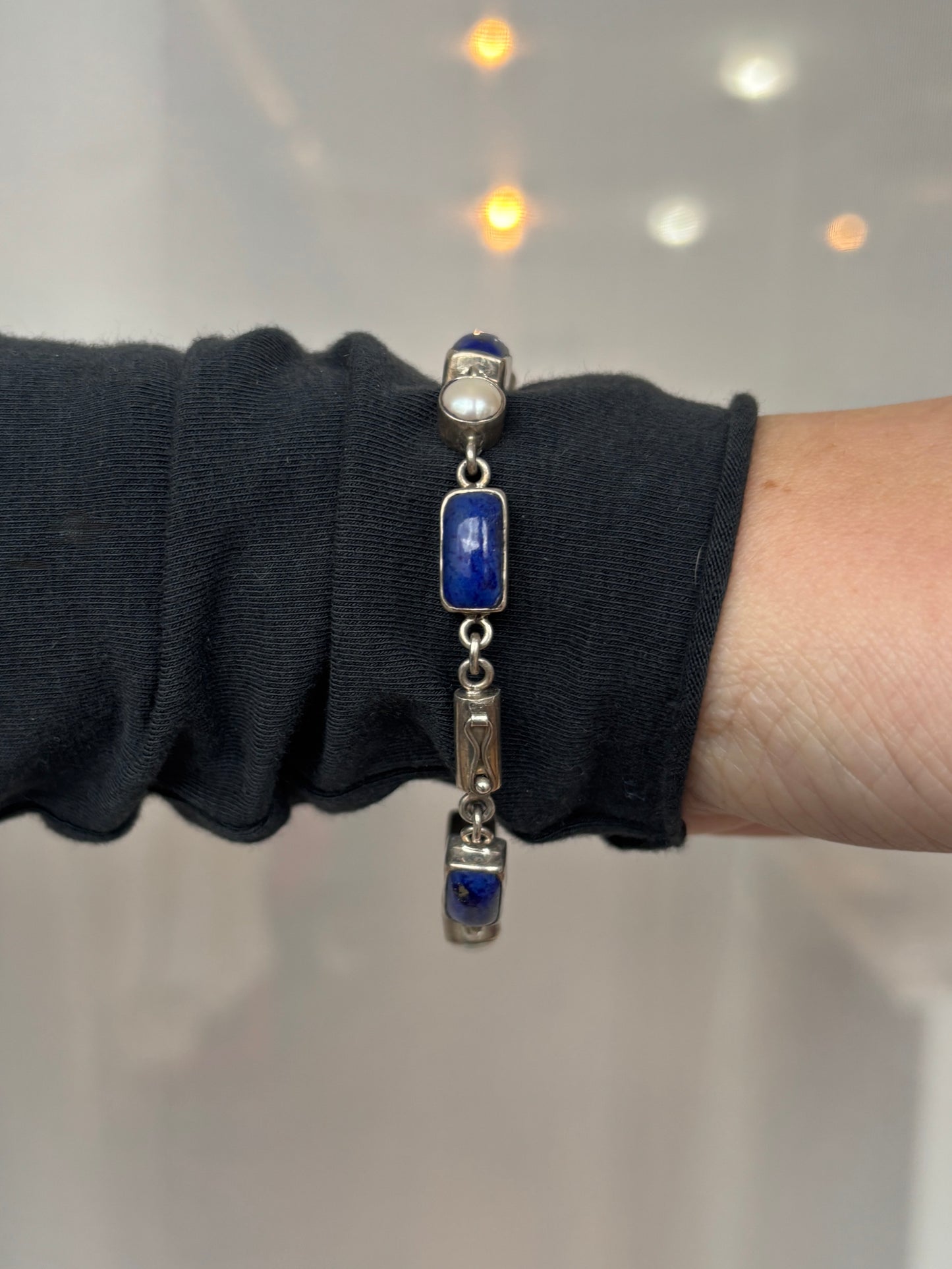 Vintage Lapis Lazuli and Pearl Sterling Silver Bracelet