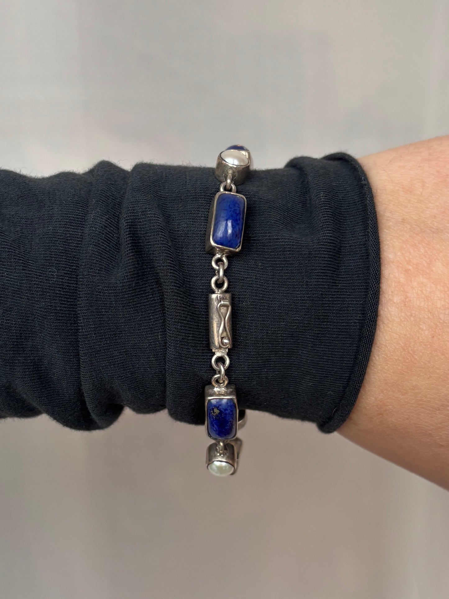 Vintage Lapis Lazuli and Pearl Sterling Silver Bracelet